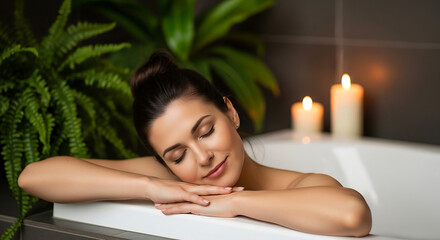 Obraz premium Serene Woman Relaxing in Luxurious Bath with Candlelight and Greenery – Spa and Self-Care Concept