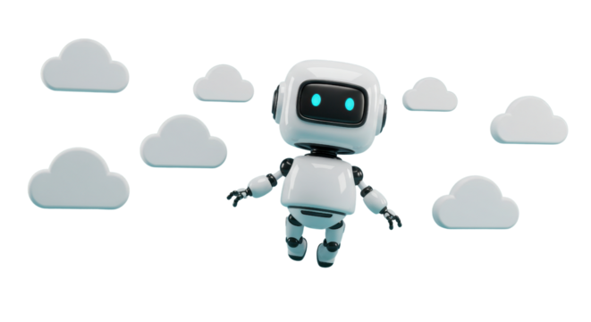 Adorable cartoon robot floats joyfully through fluffy white clouds with bright blue eyes