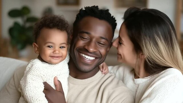 Diverse happy family sitting on the couch African American father, Caucasian mother, and their mixed race kids using laptop to video chat with loved ones. Top view of a loving mult