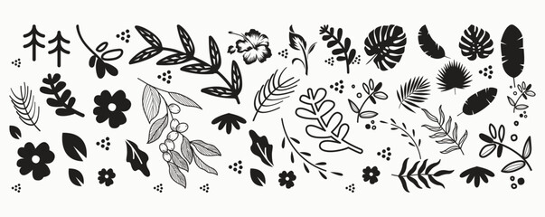 Beautiful romantic flower collection with roses, leaves, floral bouquets, flower compositions