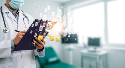 A doctor in a white coat holding a clipboard with digital files in a bright medical office