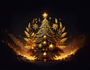 Golden Christmas tree illustration on dark background with many decorative branches, decorations, stars.