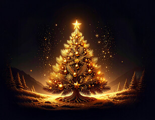 Golden Christmas tree illustration on dark background with many decorative branches, decorations, stars.
