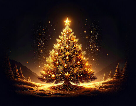 Golden Christmas tree illustration on dark background with many decorative branches, decorations, stars.