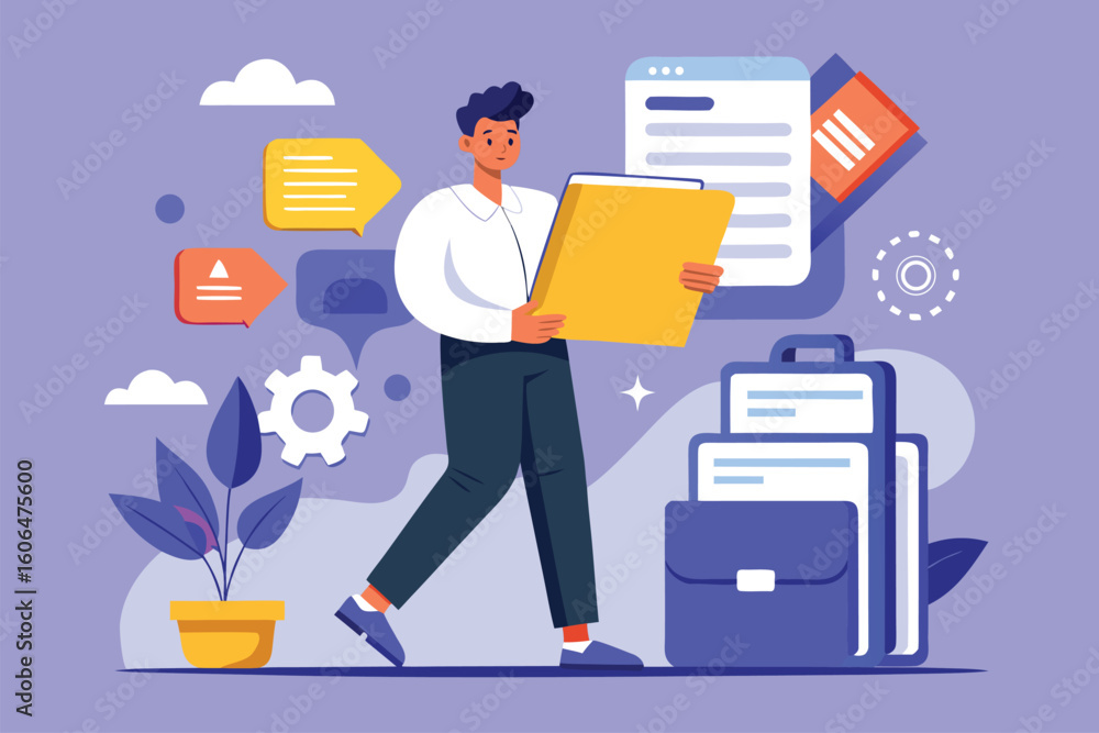 Poster office worker balances large folder while managing paperwork in a modern workspace with colorful gra