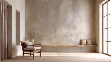 earthy minimalist room, clay textured wall, plaster surface, soft brown and beige tones, natural light, rustic feel 