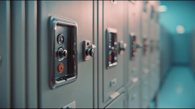 Close-up of row of gray school lockers with locks in hallway interior setting  
