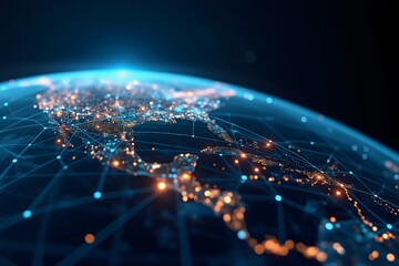 Dynamic global network visualization showing interconnected cities and data flow across continents, representing digital connection and modern communication.