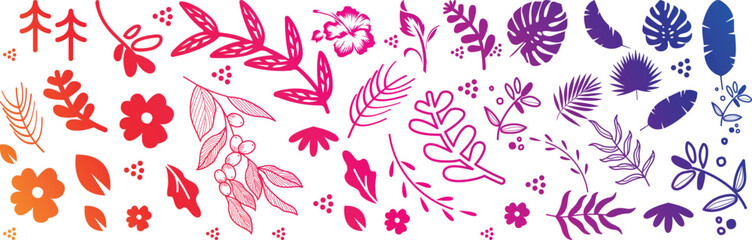 Beautiful romantic flower collection with roses, leaves, floral bouquets, flower compositions