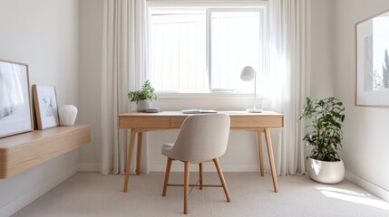 minimalist home office, light wood desk, white walls, natural light from window, beige chair, calm organized workspace 