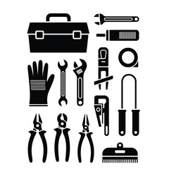 Black and white vector set of basic home repair toolkit with toolbox, wrench, duct tape, bolt cutter, pliers, and scraper