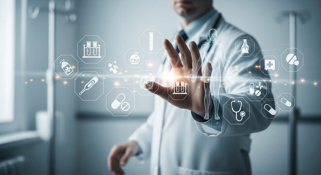 Doctor interacting with digital medical interface featuring various health related icons displayed around him - Powered by Adobe
