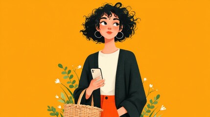 Business casual woman holding phone, basket icon appears beside 