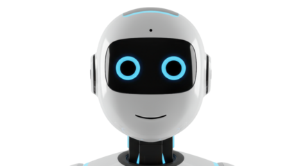 Friendly AI robot with glowing blue eyes and a smile bringing future tech to your projects