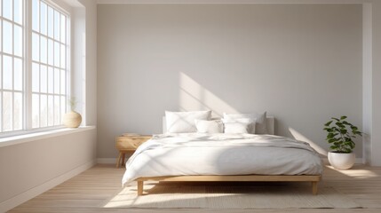 peaceful minimalist bedroom, soft white linens, light wood tones, diffuse morning light, calm atmosphere