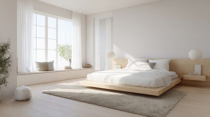peaceful minimalist bedroom, soft white linens, light wood tones, diffuse morning light, calm atmosphere, clean space 