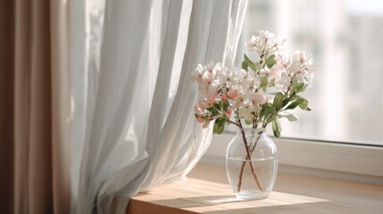 spring minimalist interior, fresh flowers in glass vase, soft pastel colors, light wood, morning sun through sheer curtains 