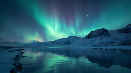 Naklejka premium Aurora Borealis stunning visuals. Northern Lights reflected on water. Realistic data streaming animations. Breathtaking ocean wave light displays.