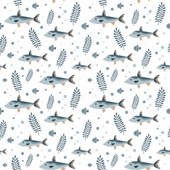 Ocean seamless pattern with cute fish and seaweeds. Adorable sea hand drawn vector background