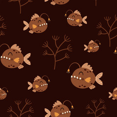 Ocean seamless pattern with cute fish and seaweeds. Adorable sea hand drawn vector background