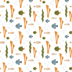 Ocean seamless pattern with cute fish and seaweeds. Adorable sea hand drawn vector background