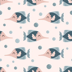 Ocean fish seamless pattern. Cute sea hand drawn vector background