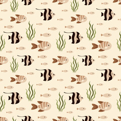 Ocean seamless pattern with cute fish and seaweeds. Adorable sea hand drawn vector background