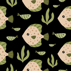 Ocean seamless pattern with cute fish and seaweeds. Adorable sea hand drawn vector background