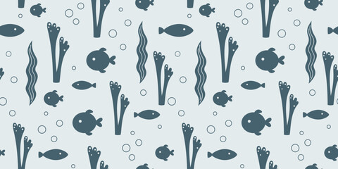 Ocean seamless pattern with fish and seaweeds in silhouette style. Cute sea vector background