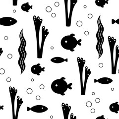 Ocean seamless pattern with fish and seaweeds in black and white silhouette style. Cute sea vector background
