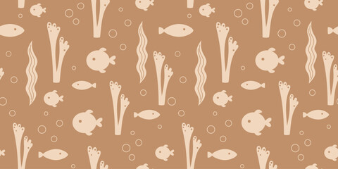 Ocean seamless pattern with fish and seaweeds in silhouette style. Cute sea vector background