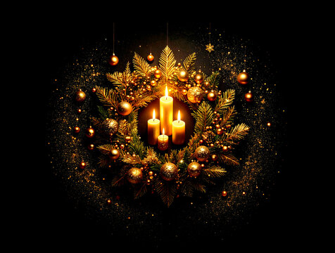 Golden Christmas Advent Wreath decoration on dark  background with many decorative branches, decorations, stars and four candles.