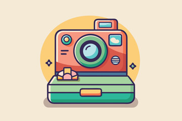 Fototapeta premium Stylish modern instant camera design featuring vibrant colors and a printed travel photograph ready for sharing cherished memories