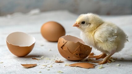 Fluffy Yellow Chick with Broken Eggshell – Easter and Farm Concept Image