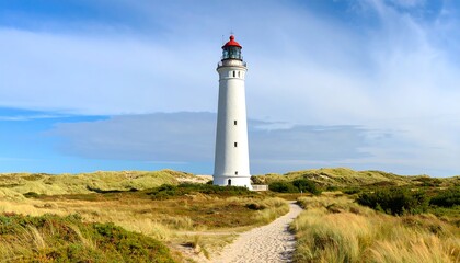 Lighthouse on a sandy beach, sunny day