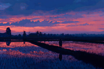 Beautiful sunset over rice fields with a solitary figure walking along the path reflecting in the water