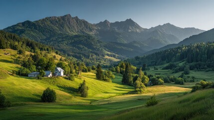 Panoramic mountain valley at dawn. Lush green hills roll towards distant peaks