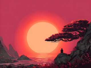 Serene sunset over calm waters with a meditating figure near rugged cliffs and a solitary tree silhouette against vibrant skies