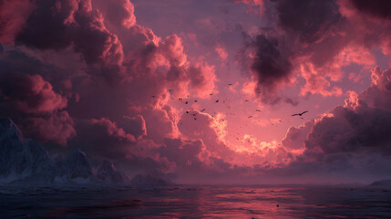 Vibrant sunset over the ocean with dramatic clouds and birds flying in the twilight sky