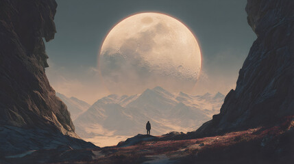 Stunning landscape with colossal moon shining over mountains at twilight with a solitary figure observing the breathtaking view