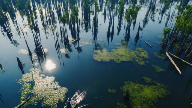 Boat Gliding Through Cypress Swamp: Aerial View of Serene Waterscape