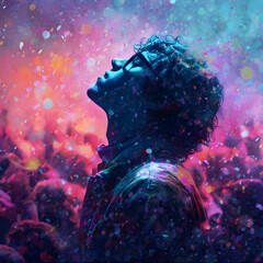Crowd of concertgoers celebrates in vibrant colors during a music festival at night