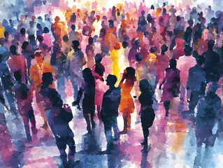 Crowd of silhouettes gathered in vibrant colors at a lively outdoor festival during sunset in a city park