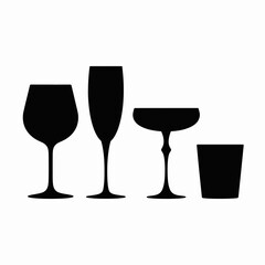 Glassware Silhouette Icon Set Wine, Champagne, Cocktail, Whiskey Glass Vector