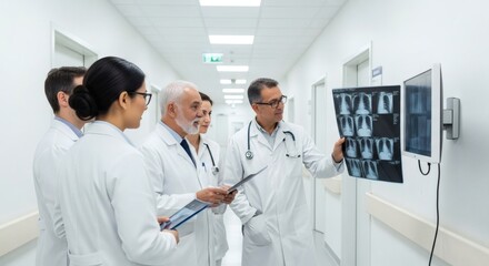 Obraz premium Medical team discussing X-ray images in a hospital corridor