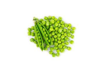 Fresh green pea pods with green peas isolated on white background. Sweet green peas. Green pea...