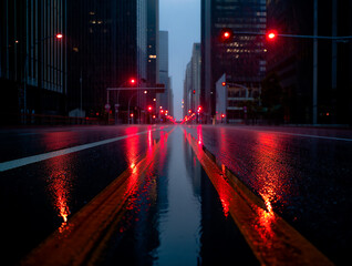 Wet city street at dusk with red traffic lights rain