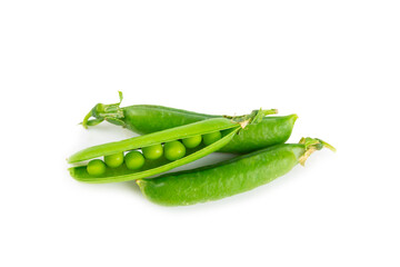 Fresh green pea pods with green peas isolated on white background. Sweet green peas. Green pea beans vegetables. Vegan. healthy vegetable