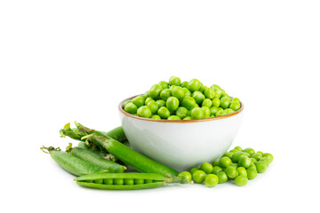 Fresh green pea pods with green peas isolated on white background. Sweet green peas. Green pea beans vegetables. Vegan. healthy vegetable