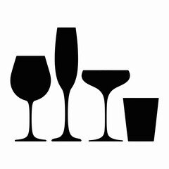 Glassware Silhouette Icon Set Wine, Champagne, Cocktail, Whiskey Glass Vector